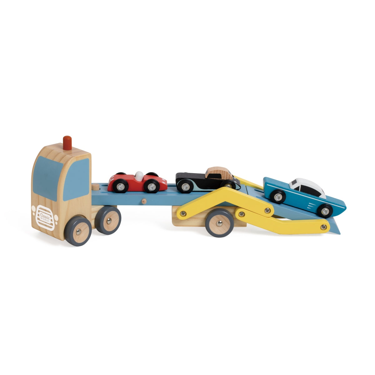 Autotransporter mit 3 Autos aus Holz
