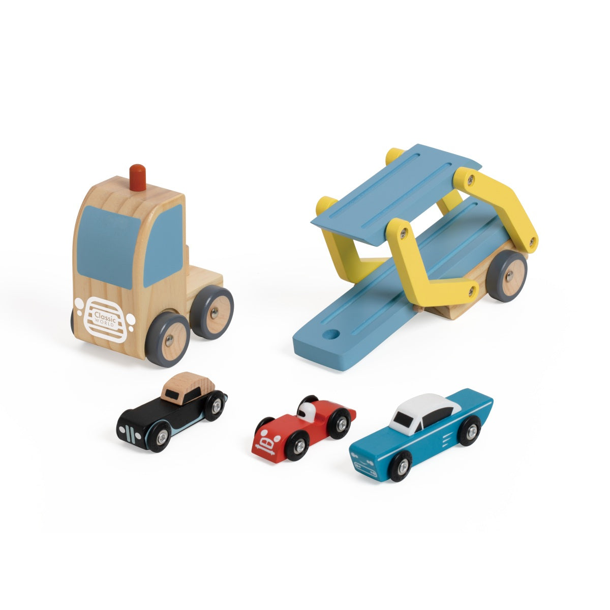 Autotransporter mit 3 Autos aus Holz