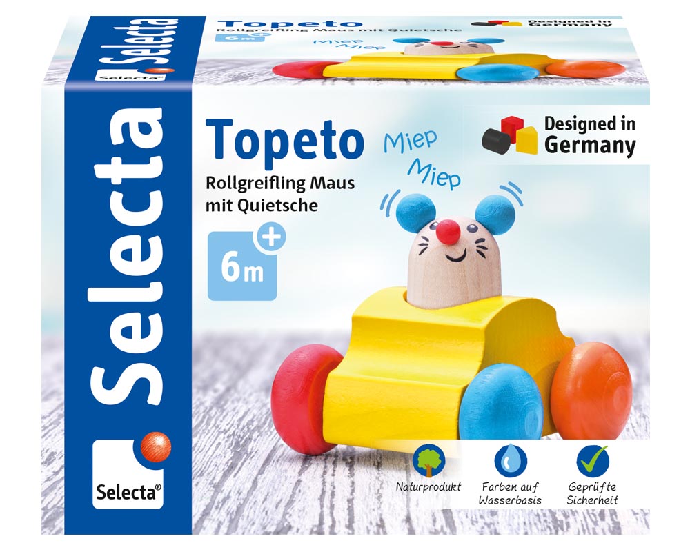 Maus mit Quietsche zum Hinterherkrabbeln aus Holz von Selecta