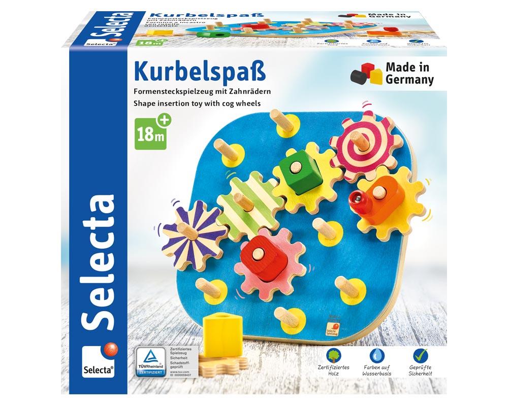 Formensteckspiel mit Zahnrädern und Kurbel aus Holz