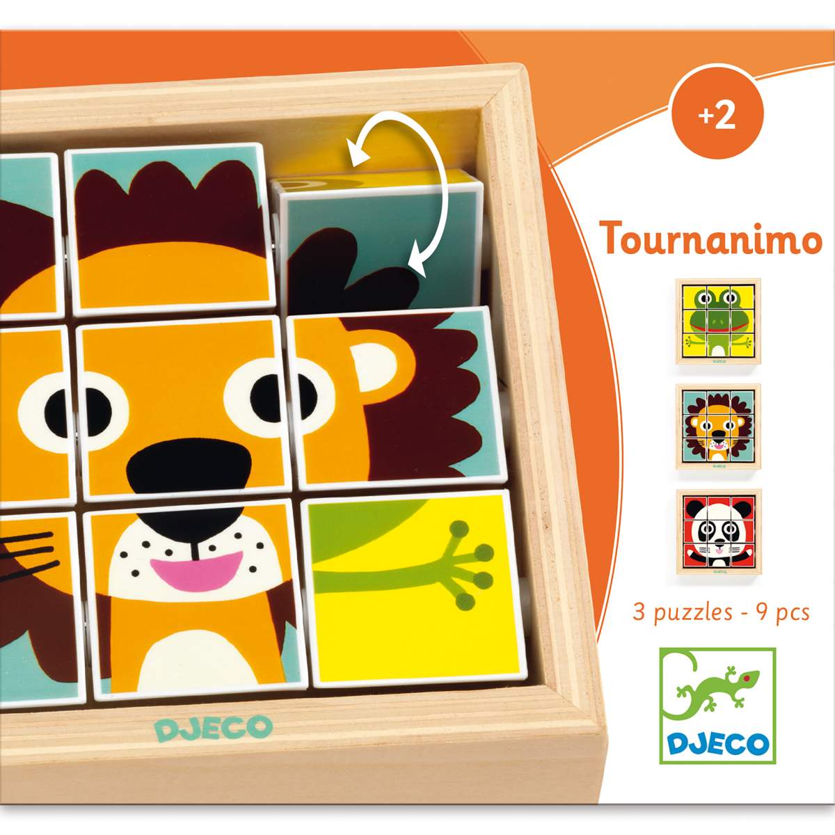 Drehpuzzle in Holzbox Löwe Panda Frosch von Djeco