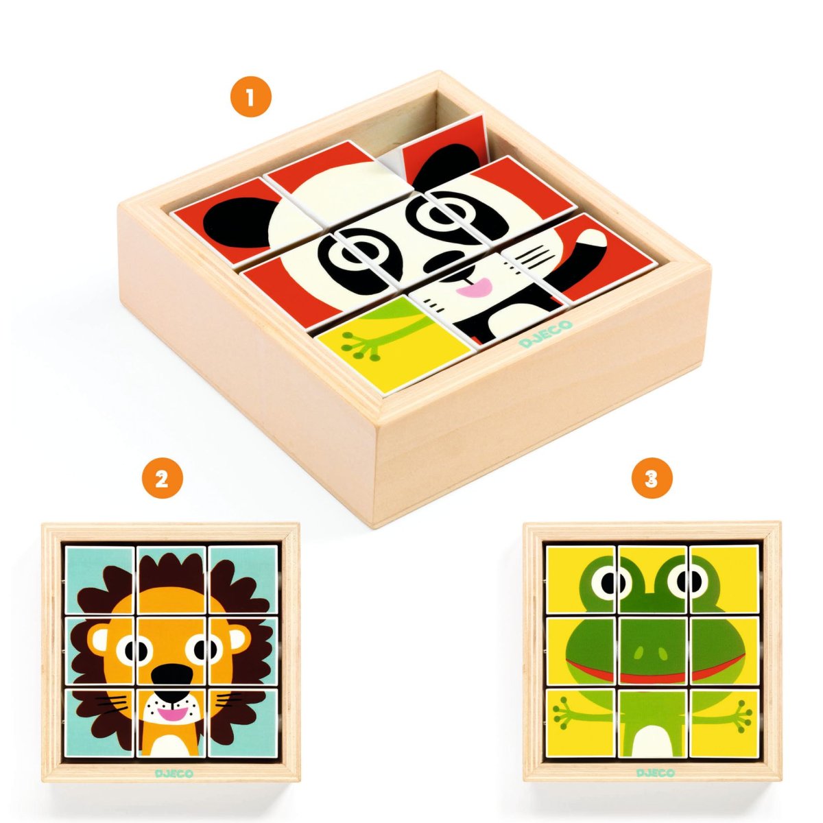 Drehpuzzle in Holzbox Löwe Panda Frosch von Djeco