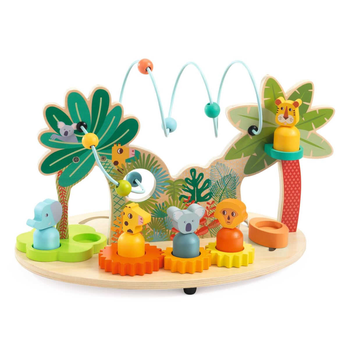 Grosses Aktivbrett mit 5 Tierfiguren aus Holz von Djeco
