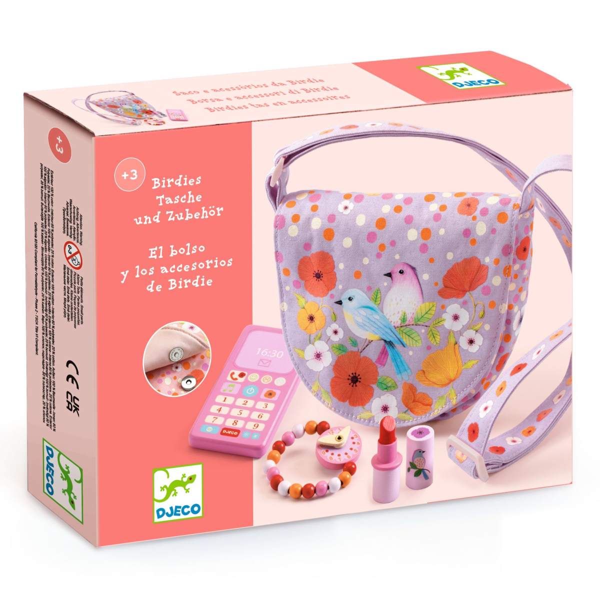 Handtasche mit Telefon Armbanduhr und Lippenstift