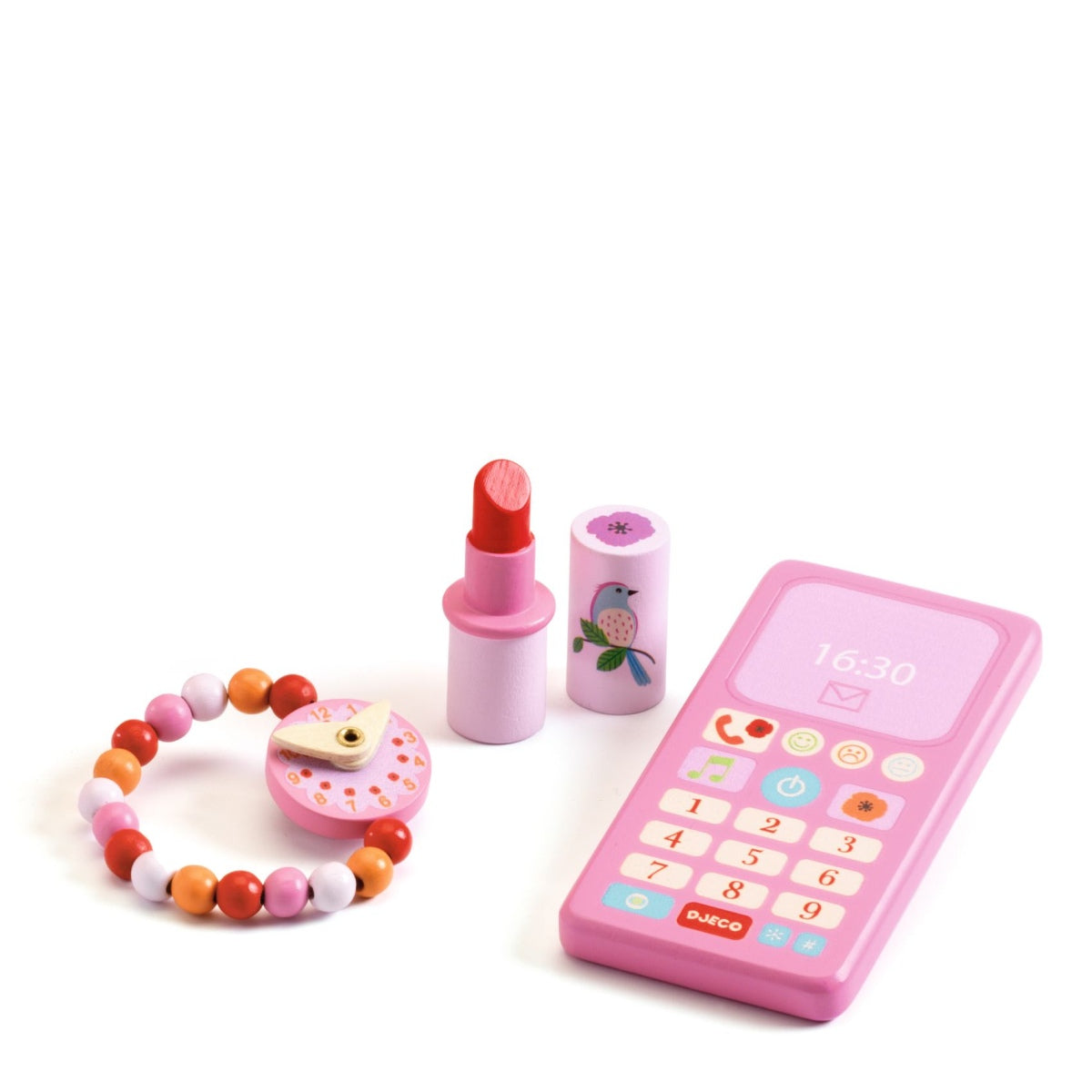 Handtasche mit Telefon Armbanduhr und Lippenstift
