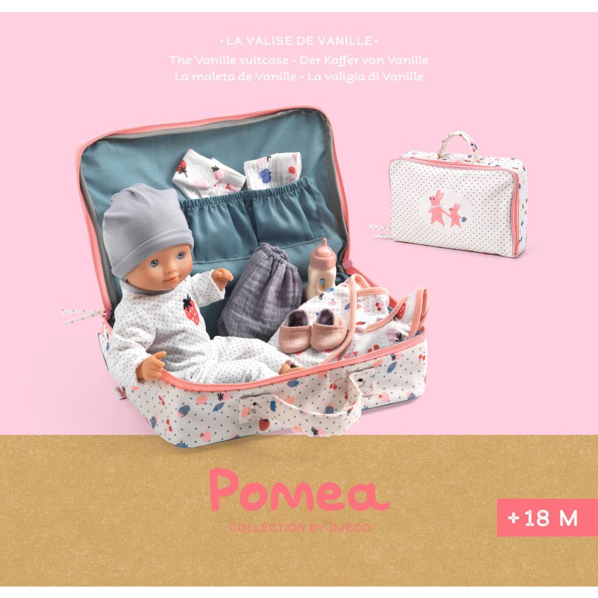 Babypuppe im Koffer mit Kleidung und Zubehör