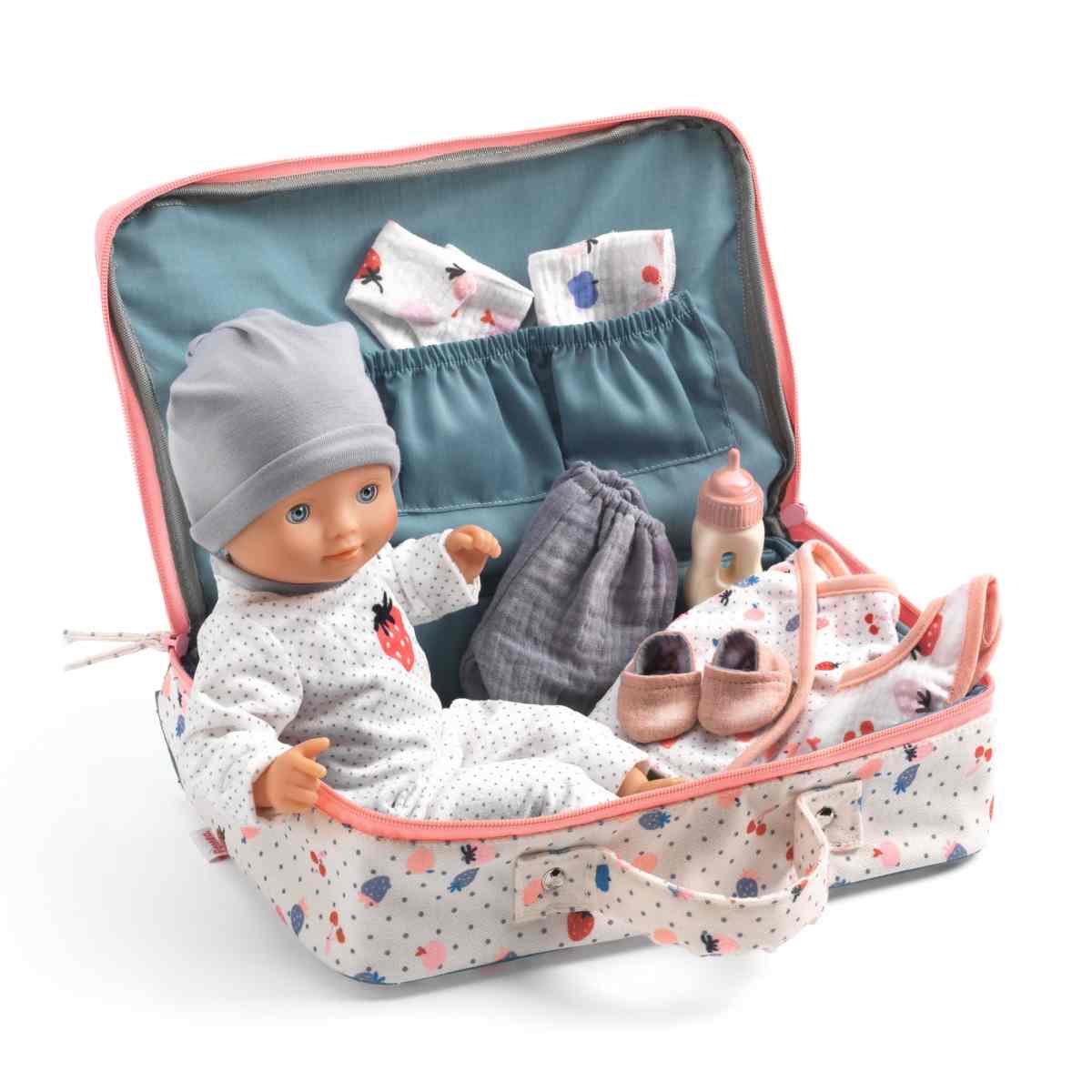 Babypuppe im Koffer mit Kleidung und Zubehör