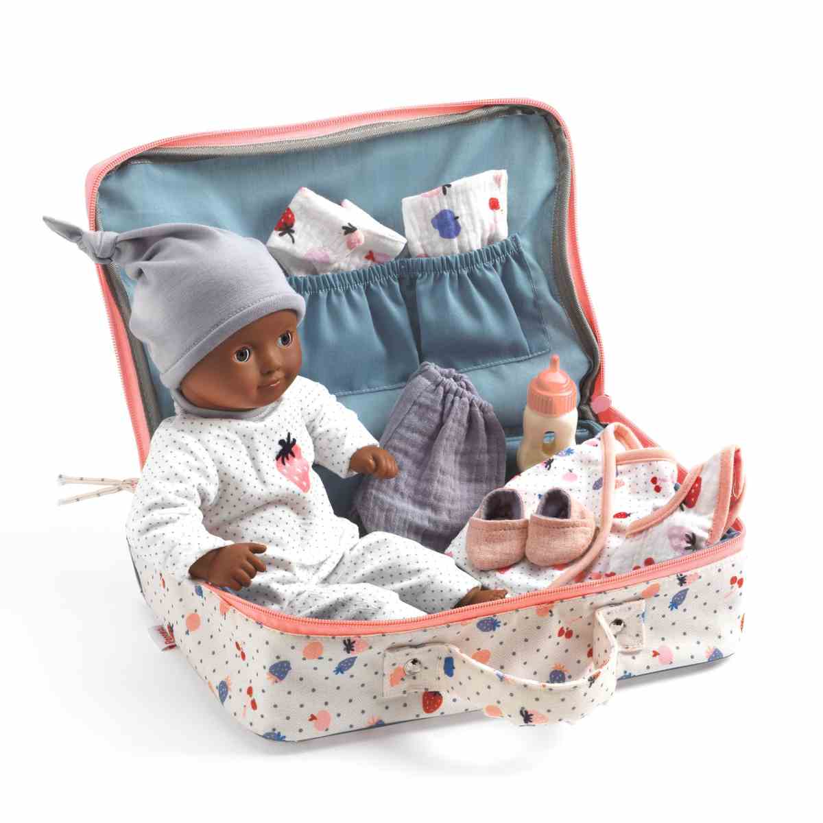 Babypuppe im Koffer mit Kleidung und Zubehör