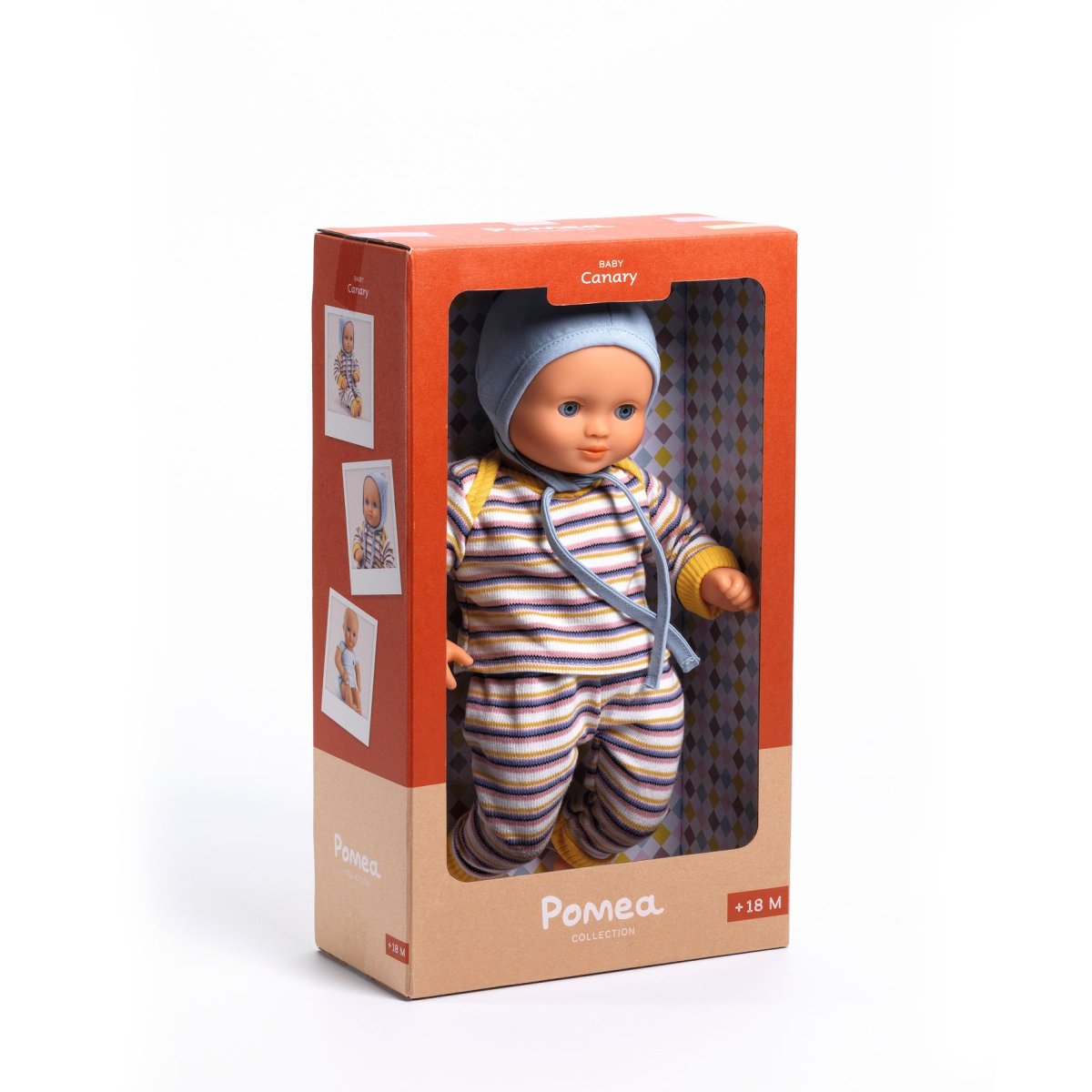 Babypuppe mit Overall und Mütze