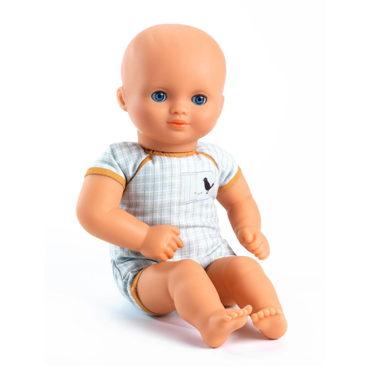 Babypuppe mit Overall und Mütze