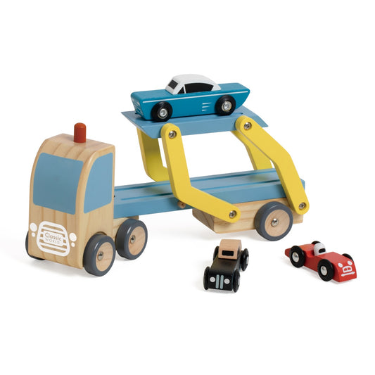 Autotransporter mit 3 Autos aus Holz
