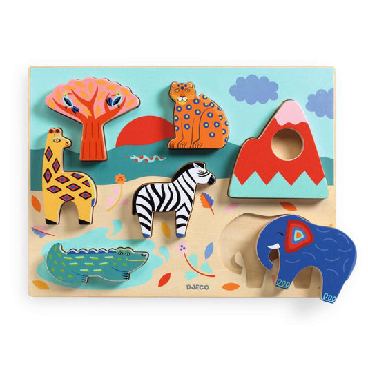 Holzpuzzle zum Einlegen der Figuren aus Holz von Djeco