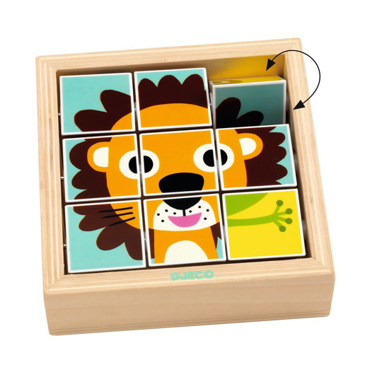 Drehpuzzle in Holzbox Löwe Panda Frosch von Djeco