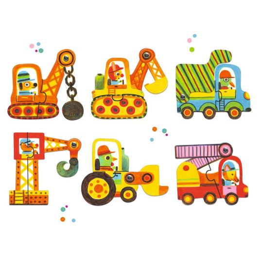 6 Duo Puzzle mit beweglichen Teilen Fahrzeuge von Djeco
