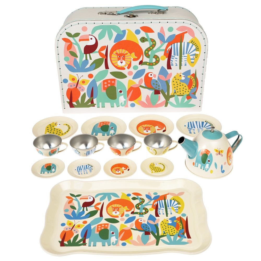 Geschirr Set aus Metall im Koffer mit Tiermotiven