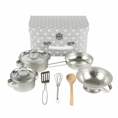 Küchenbox mit Töpfen Sieb Pfanne und Kochlöffeln