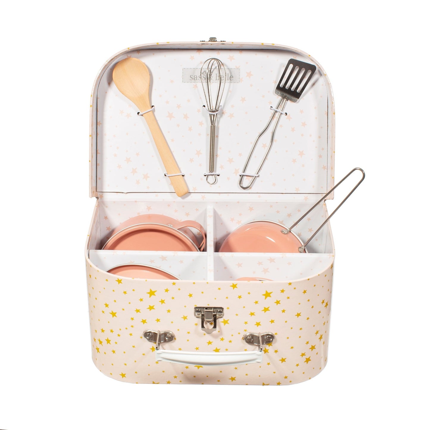 Küchenbox mit Töpfen Pfanne Sieb und Kochlöffeln rosa