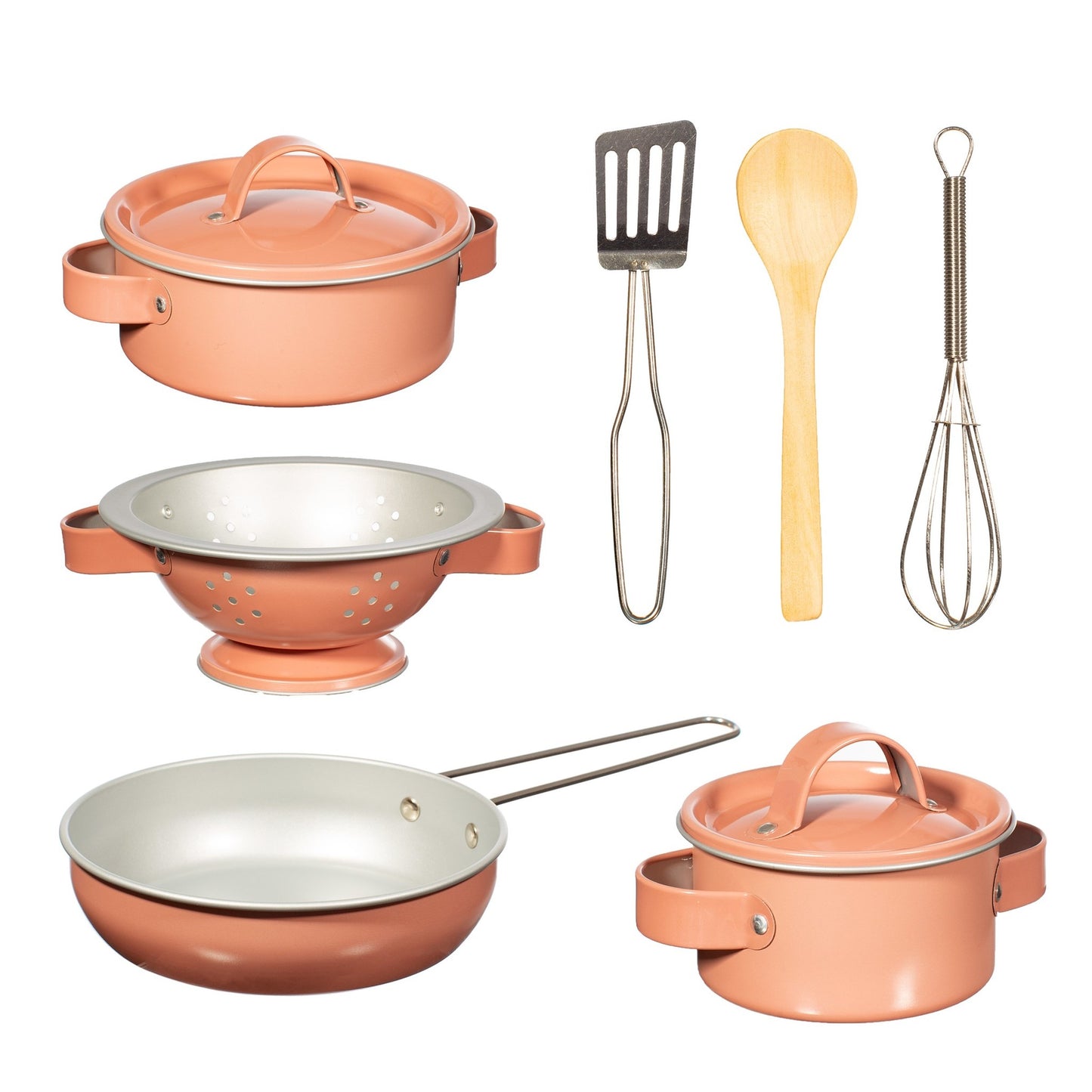 Küchenbox mit Töpfen Pfanne Sieb und Kochlöffeln rosa