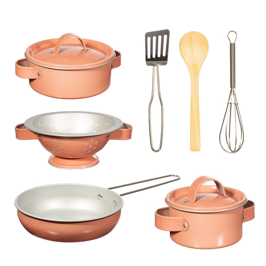 Küchenbox mit Töpfen Pfanne Sieb und Kochlöffeln rosa